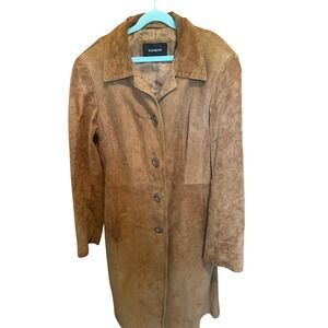 Express Women's Brown Genuine Leather Long Trench Coat Jacket 9/10